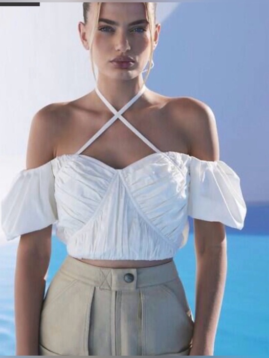 cult gaia Tops - cult gaia White Ruched Off-Shoulder Halter Crop Top